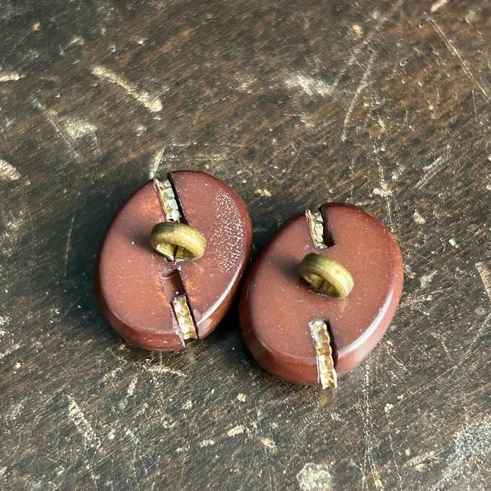 Vintage Art Deco Brown Oval Gold Inlay Buttons